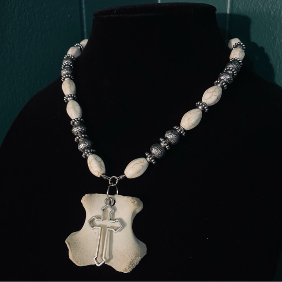 Bouquet Of Bones Jewelry - SOLD - Real Deer Bone Beaded Stone Cross Necklace